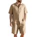 Men's Clothing Summer Linen Suit Men's Striped Jacquard Loose Short Sleeved Shirt Beach Shorts Two Piece Suit_viptrois.com