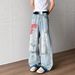 American High Street Vibe Washed Ink Splashed Ripped Jeans For Men Trendy And Fashionable Letter Embroidery Loose Straight Trousers_viptrois.com