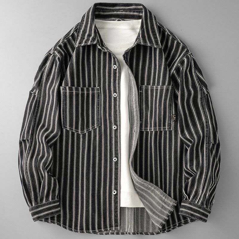 Men's Clothing Washed Striped Denim Shirt Jacket Men's Spring And Autumn Handsome Loose Casual Long Sleeved Shirt Trend_viptrois.com