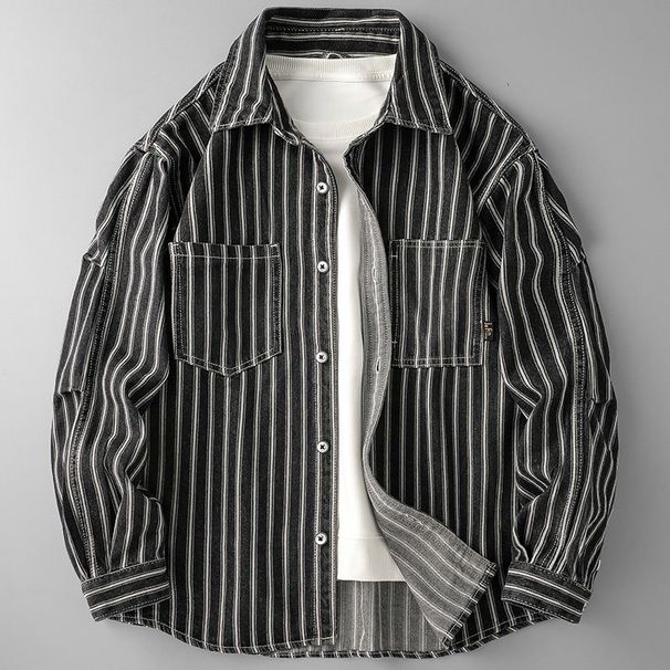 Men's Clothing Washed Striped Denim Shirt Jacket Men's Spring And Autumn Handsome Loose Casual Long Sleeved Shirt Trend_viptrois.com