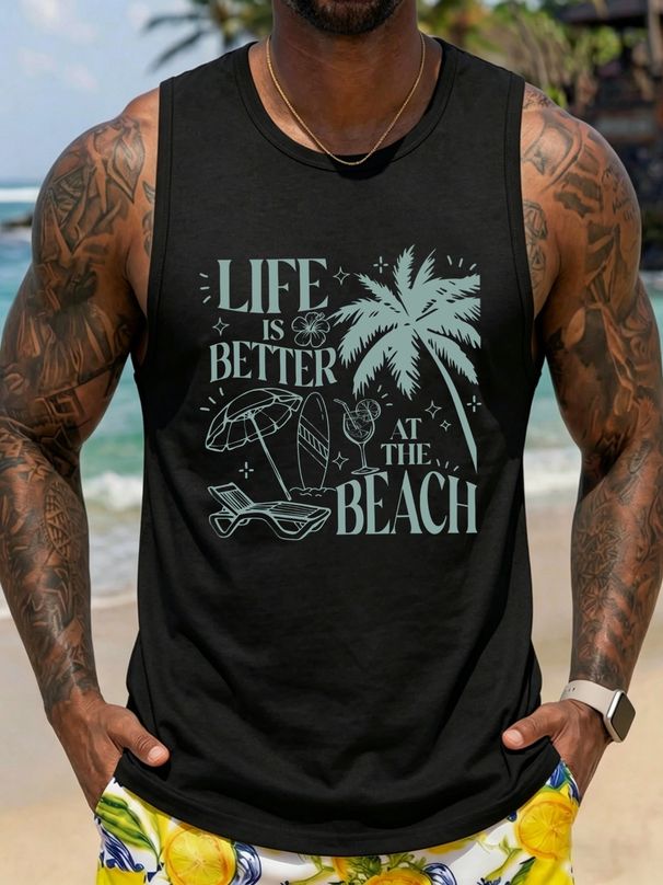 Canotta Uomo Girocollo 100% Cotone Stampa Scritta Tema Spiaggia Traspirante Comoda Senza Maniche Estiva Vacanze Casual Multicolore_viptrois.com