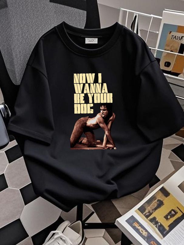 Men's Stooges Wanna Be Your Dog Slim Fit T-shirt Medium Black Slightly Homme Streetwear Designer Clothes Summer Breathable Fashion Comfortable_viptrois.com