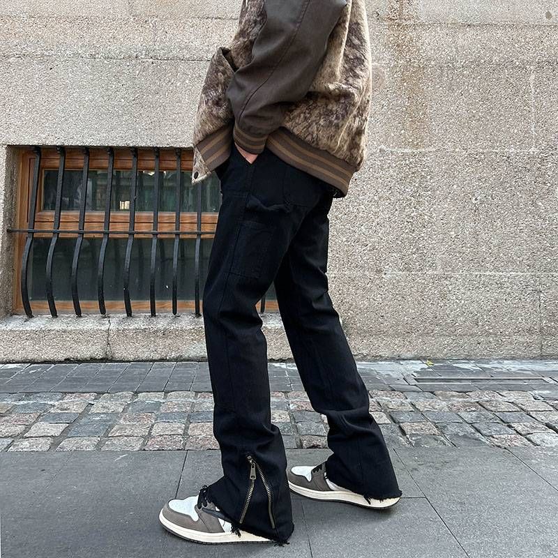 Men's Clothing High Street Vibe Style Zipper Slit Casual Pants Men Ins Trendy Brand Loose Straight Workwear Flared Trousers_viptrois.com