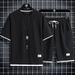 73/5000 Waffle Sportswear Casual Suit For Men, Hong Kong-style Loose Fake Two-piece Short-sleeved Shirt And Shorts_viptrois.com