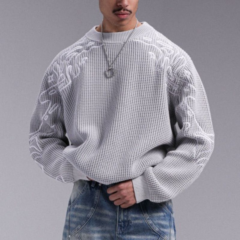 Men's Clothing Knitted Sweater Y2K Retro Knit Sweater With Embroidery - Light Grey Oversized Round Neck Pullover For Teens & Young Adults_viptrois.com