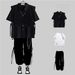 Men's Clothing Dark functional workwear men's summer loose shirt hip hop short sleeved shirt set with vest suit_viptrois.com