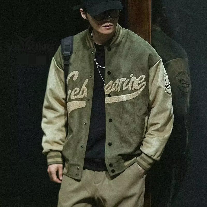 Men's Clothing Suede baseball jacket men's vintage spring and autumn new green bomber jacket jacket men_viptrois.com