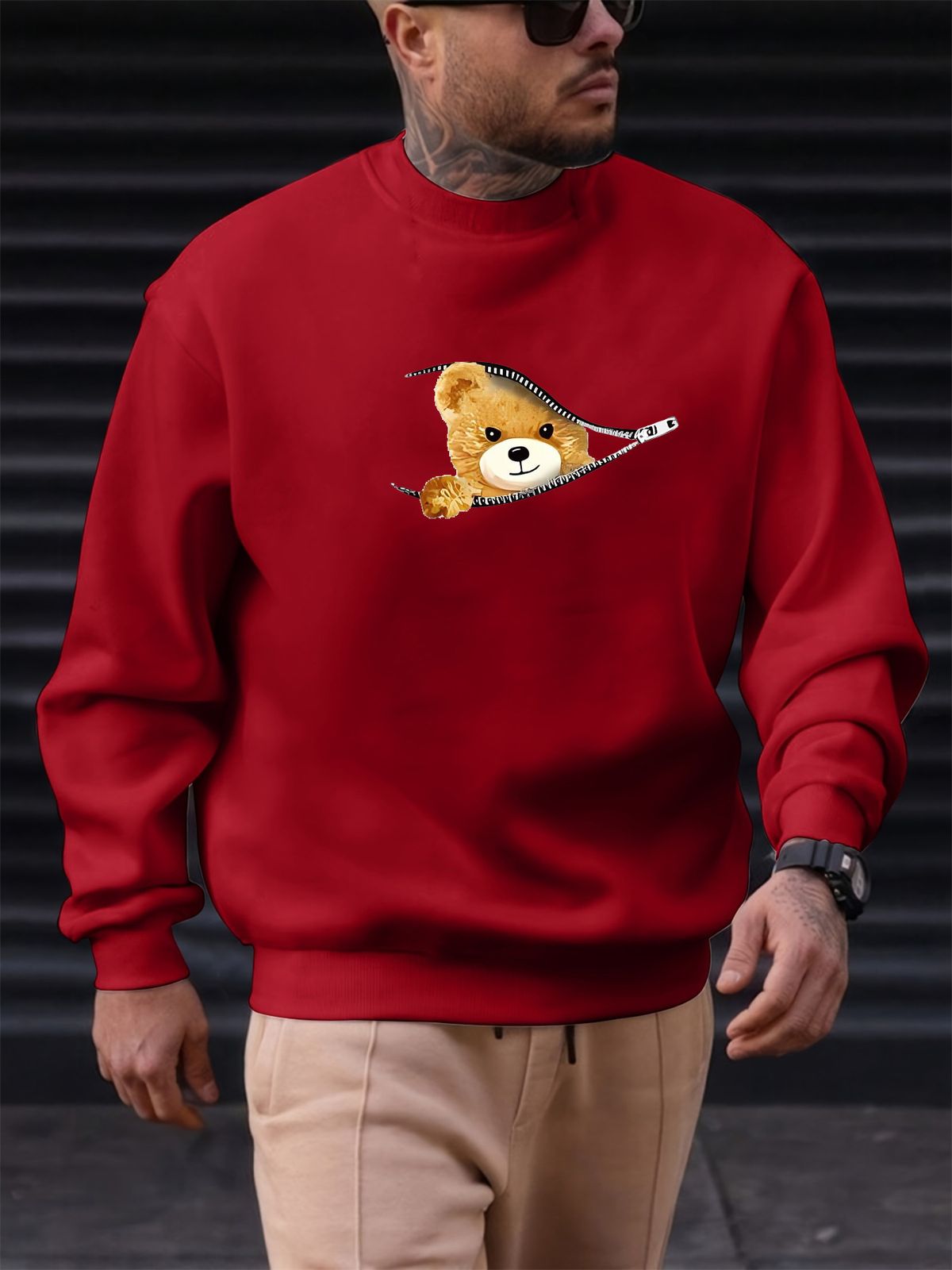 Men's Loose Casual Fashionable Cute Bear Print Round Neck Long Sleeved Sweatshirt Suitable For Autumn And Winter Wear_viptrois.com