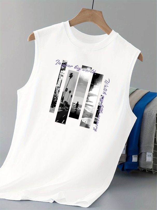 100% Pure Cotton Men's Summer Casual Sports Fitness Loose Fashion Landscape Pattern Printed Breathable Round Neck Sleeveless Vest_viptrois.com