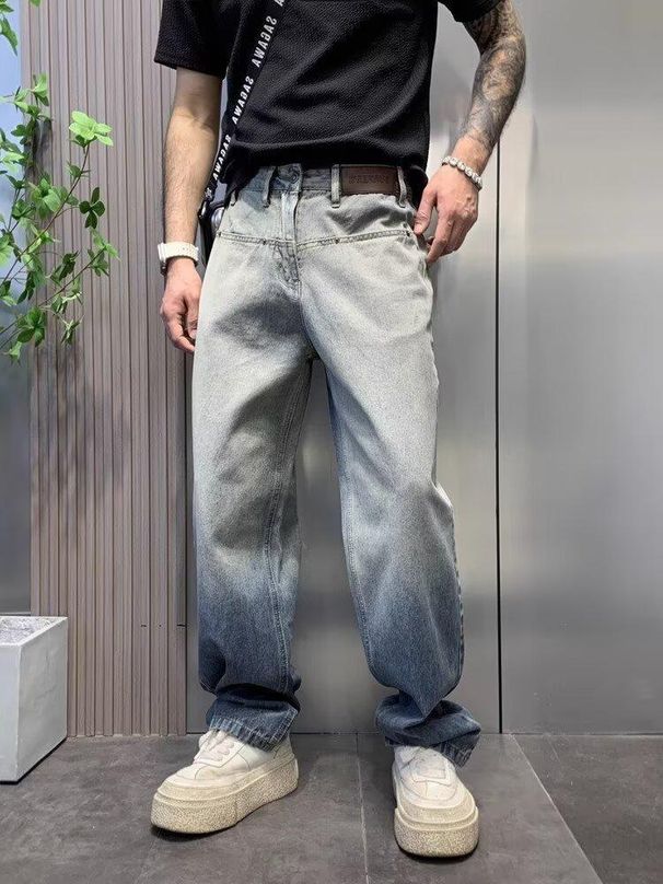 Blue Gradient Jeans Men's Spring And Autumn American High Street Vibe Loose Straight Wide Leg Draped Casual Pants_viptrois.com