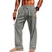 Men's Cotton Linen Straight Trousers mid Waist Casual Pants Lace up Drawstring Black Solid Color Spring Autumn Seasonal Wear_viptrois.com
