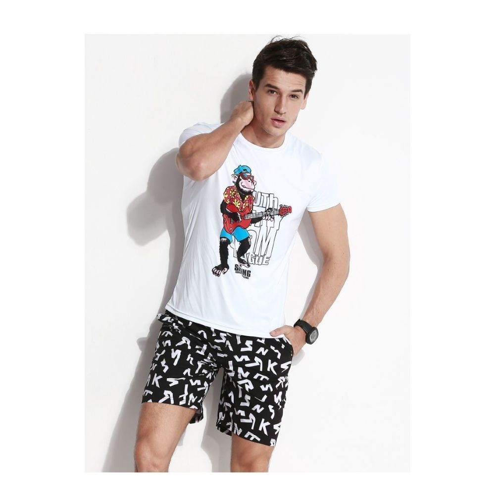 Men's Clothing Men's Quick Drying Beach Shorts Casual Everyday Trendy Loose Fit Black And White Letter Print Five Point Style_viptrois.com
