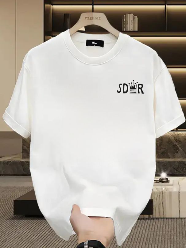 Summer New Short-sleeved T-shirt, Men's Minimal Crown Inlaid Block Alphabet Creative Printing Half-sleeved Youth Trend Versatile Casual Loose Base_viptrois.com