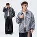 Men's Clothing Speckled Suede Jacket – Vintage-Inspired Lapel Coat, Stretch Polyester Blend, Relaxed Fit (Dark Gray/Caramel/Light Gray)_viptrois.com