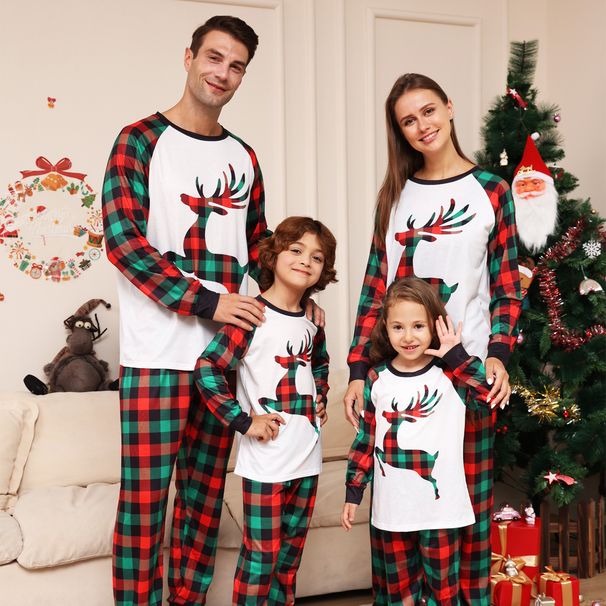Christmas Family dress Christmas Family home dress plaid fawn print round neck pajamas set_viptrois.com