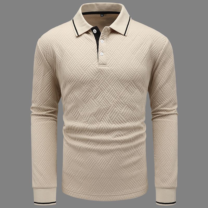 Men's Long Sleeve Jacquard Polo Shirt – Premium Cotton Blend, Slim Fit, Business Casual_viptrois.com