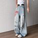 American High Street Vibe Washed Ink Splashed Ripped Jeans For Men Trendy And Fashionable Letter Embroidery Loose Straight Trousers_viptrois.com