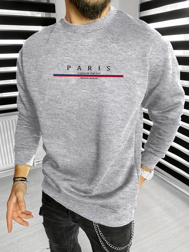 Men's Loose And Casual Fashionable Paris Letter Pattern Printed Round Neck Long Sleeved Sweatshirt For Autumn And Winter_viptrois.com