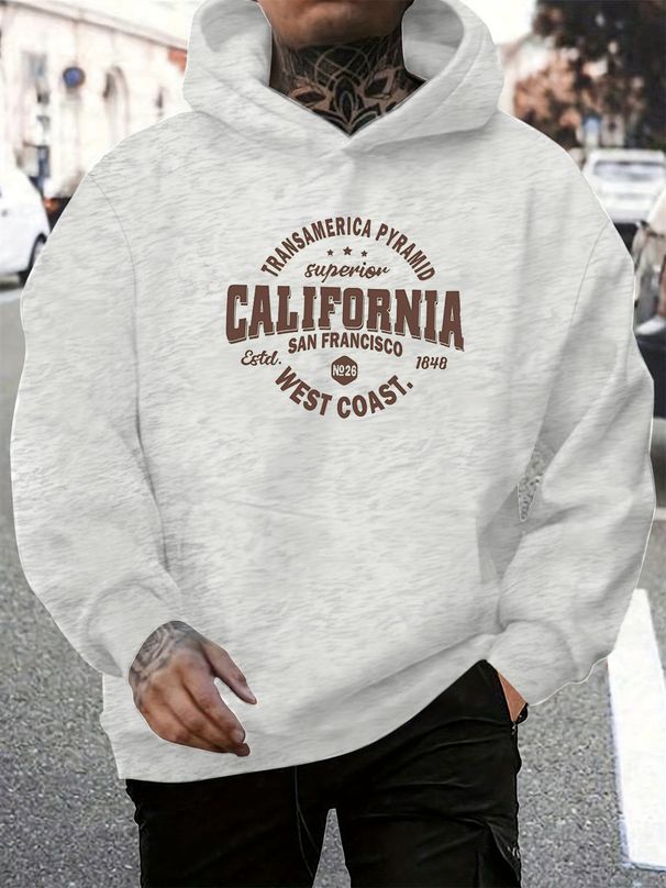 Men's Autumn And Winter Casual Fashionable Loose Hooded Sweatshirt With California Letter Pattern Printed Warm Long Sleeved Pullover_viptrois.com