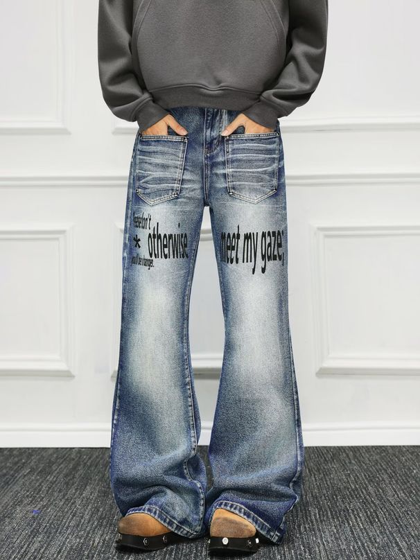 Streetwear Men's Printed Jeans - Trendy High-Fashion Hip-Hop Denim Pants With Bold Lettering For Urban & Casual Style_viptrois.com