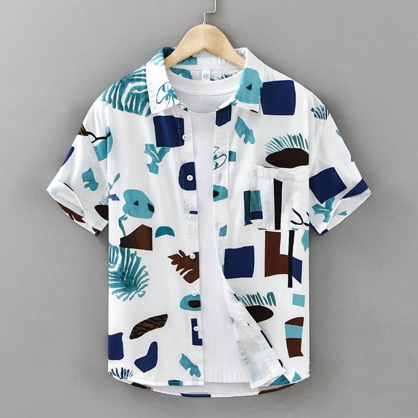Summer Fashion Men's Printed Short Sleeved Comfortable Shirt, Loose, Handsome, Simple, Versatile, Fresh Shirt_viptrois.com