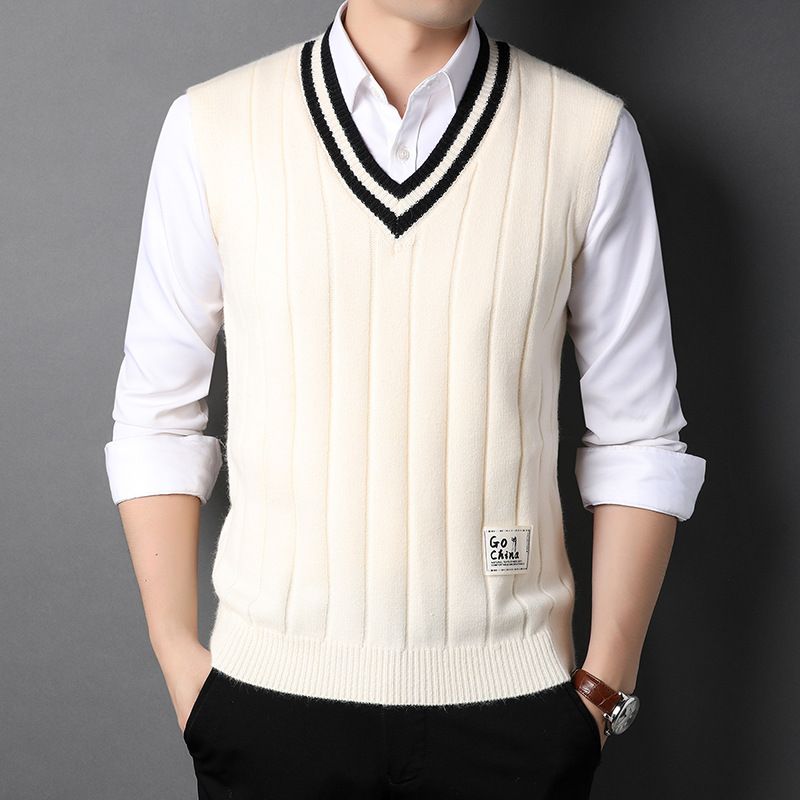Men's Wool Blend Knit Vest Sleeveless V-Neck Slim Fit Casual Pullover Sweater For All Seasons_viptrois.com