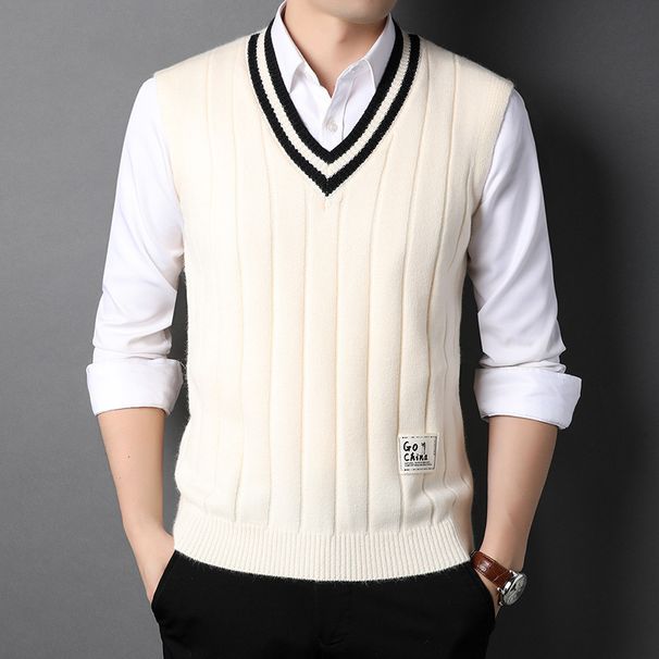 Men's Wool Blend Knit Vest Sleeveless V-Neck Slim Fit Casual Pullover Sweater For All Seasons_viptrois.com