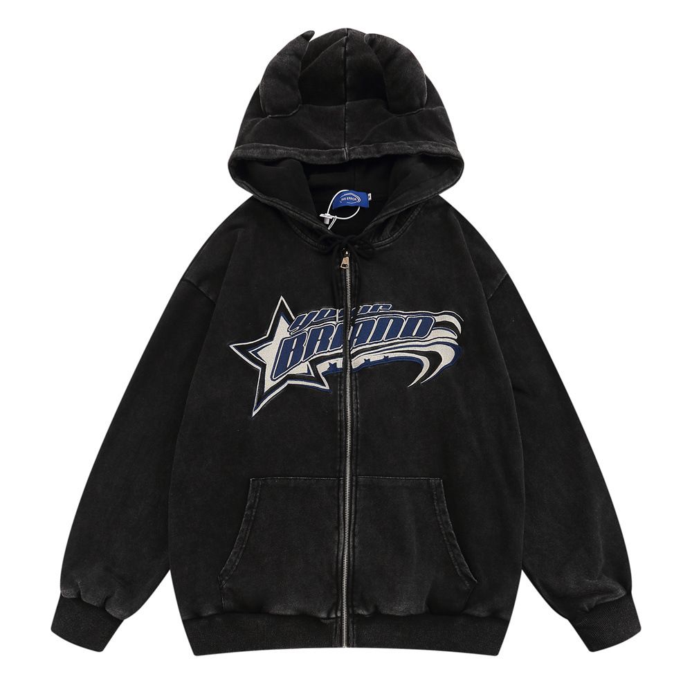 Horn Demon Hooded Jacket Men's Trendy High Street Loose Spring Autumn Patch Letter Embroidery Cardigan Sweatshirt Hoodie_viptrois.com