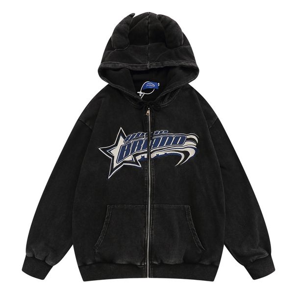 Horn Demon Hooded Jacket Men's Trendy High Street Loose Spring Autumn Patch Letter Embroidery Cardigan Sweatshirt Hoodie_viptrois.com