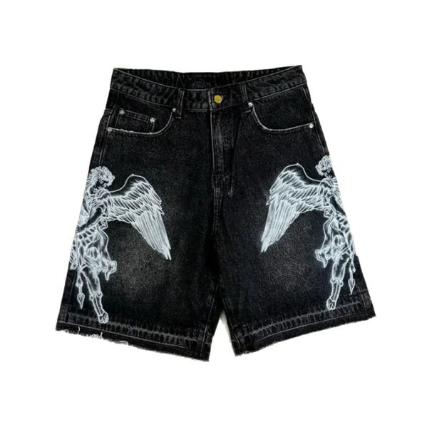 Retro Harajuku Loose Fit Printed Denim Shorts Casual Street Style Washed Capri Pants for Men Summer Fashion_viptrois.com