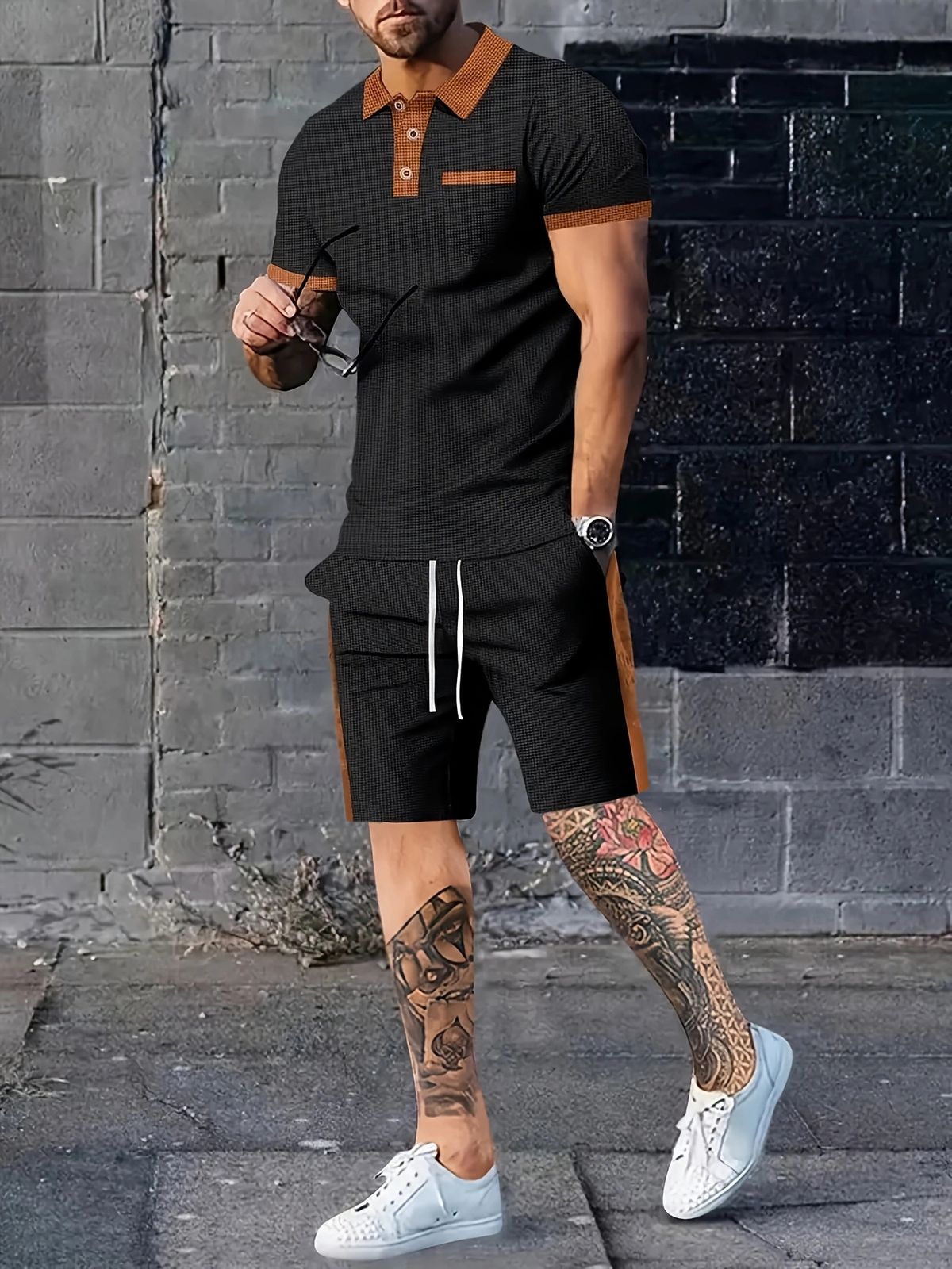 Men's Clothing Waffle Color Matching Short Sleeved Shorts Two Piece Casual Suit_viptrois.com