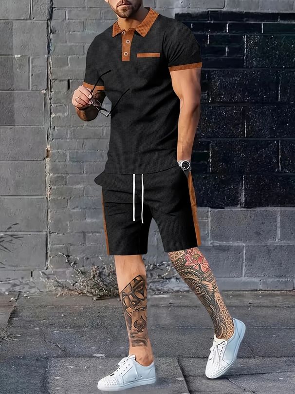 Men's Clothing Waffle Color Matching Short Sleeved Shorts Two Piece Casual Suit_viptrois.com