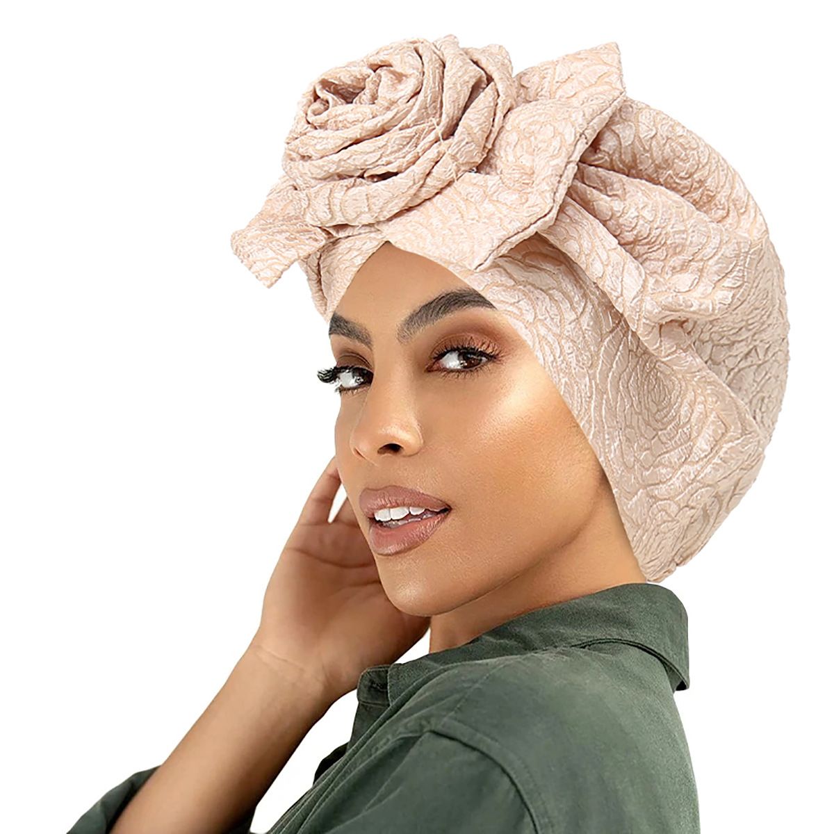 new embossed forehead large flower headscarf hat solid color Muslim turban hat_viptrois.com