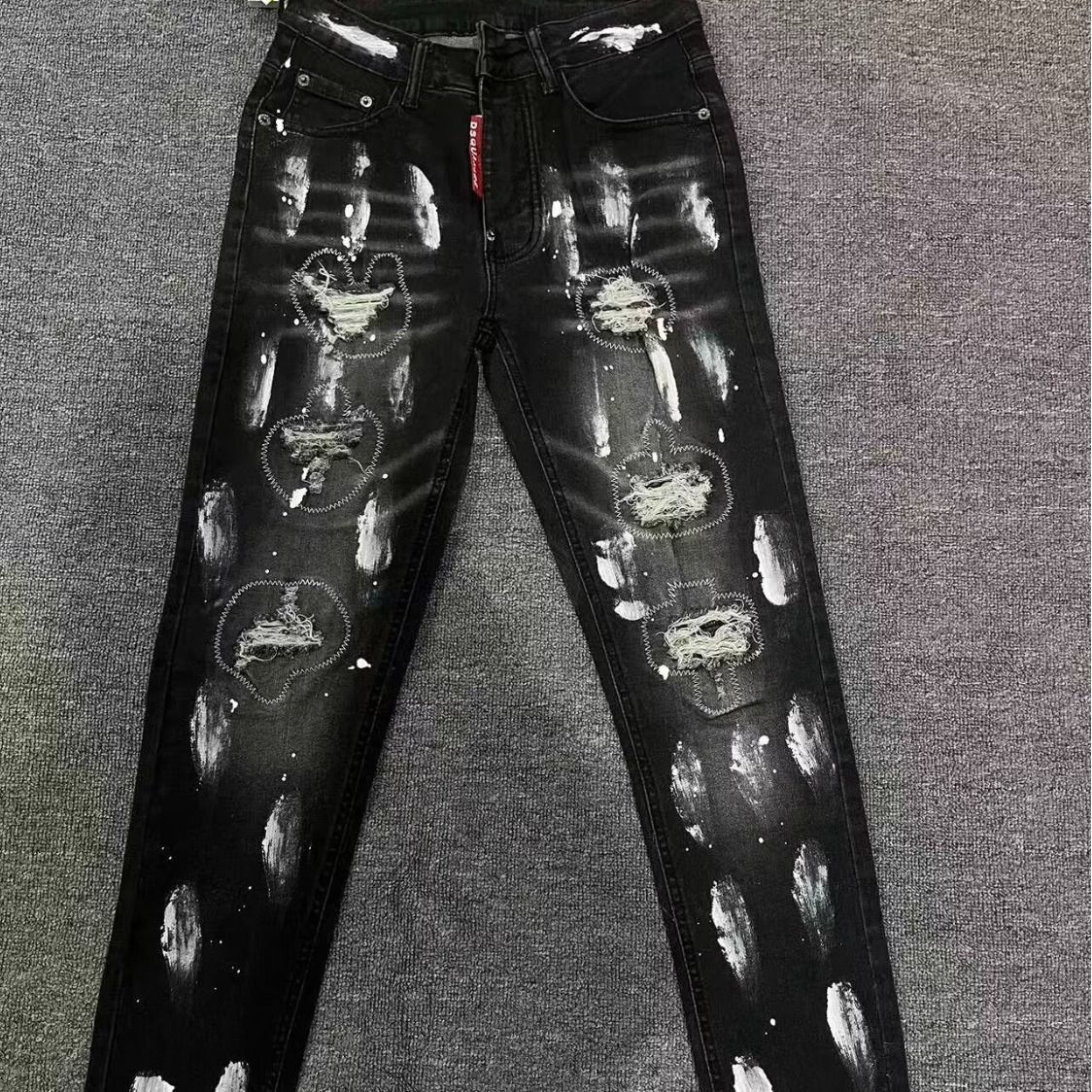 Men's Slim Fit Distressed Jeans Black/Grey Ripped Denim Pants With Stretch Comfort Mid Waist Long Cotton Pencil Pants_viptrois.com