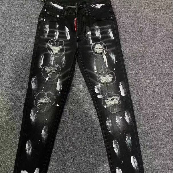 Men's Slim Fit Distressed Jeans Black/Grey Ripped Denim Pants With Stretch Comfort Mid Waist Long Cotton Pencil Pants_viptrois.com