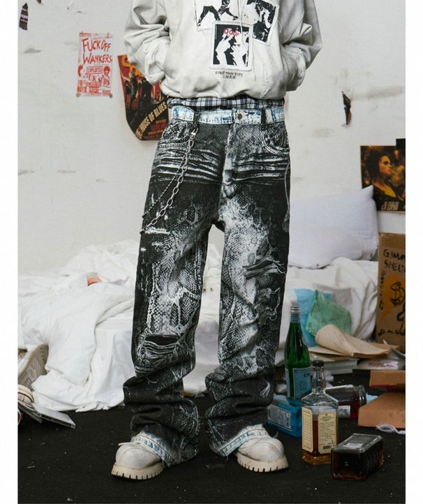 Men's Clothing Same Original Design Digital Printing 3D Printing Pants Chain Printing Straight Jeans_viptrois.com