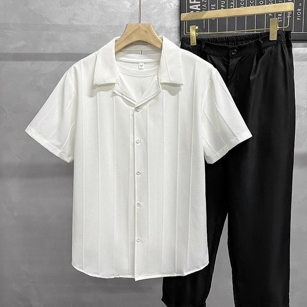 Men's Clothing Men's Drapey Short Sleeved Loose Collar Non Iron Shirt Cuban High End Vertical Stripe Design Texture Shirt Casual Niche_viptrois.com