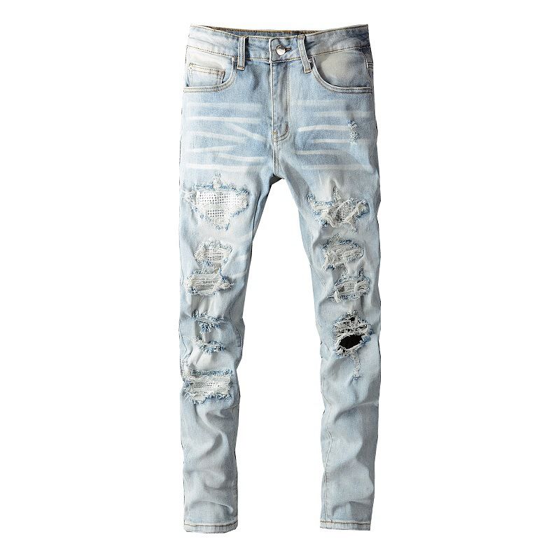 Men's Clothing Ins Same Style Washed Old Hole Cat Whisker Patch Diamond Patch Elastic Slim Fit Skinny Jeans_viptrois.com
