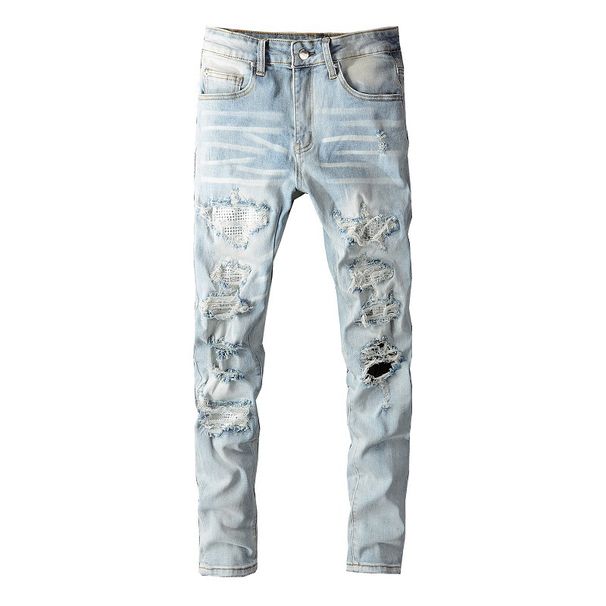 Men's Clothing Ins Same Style Washed Old Hole Cat Whisker Patch Diamond Patch Elastic Slim Fit Skinny Jeans_viptrois.com