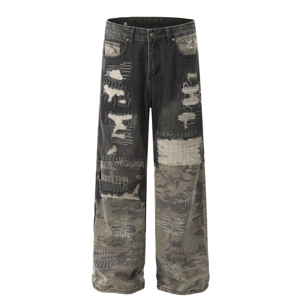 Patchwork Camouflage Jeans Men's American High Street Heavy-duty Ripped Vintage Design Trendy Loose Straight Long Pants_viptrois.com