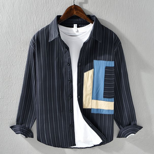 Fresh Striped Color Blocked Long Sleeved Shirt For Men, Fashionable And Versatile Casual Loose Top, Contrasting Color Shirt_viptrois.com
