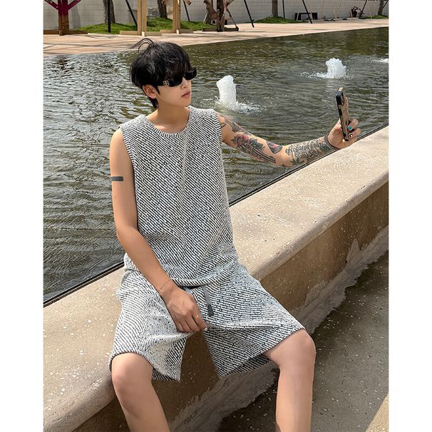 Striped Tank Top And Shorts Men, New Summer Casual Men's Wear, Ribbed Vest Sports Fitness Two-Piece Set For Men_viptrois.com