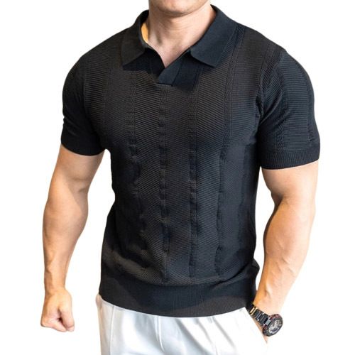 Men's Slim Fit Short Sleeve Polo Shirt – Classic V-Neck & Spread Collar Design (S-2XL, Black/Navy/Blue/White/Brown)_viptrois.com