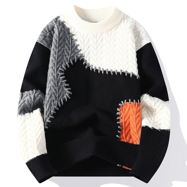 Men's Clothing New Round Neck Autumn And Winter Sweater Contrast Color Thick Warm Loose Youth Sweater Student Trend Stitching_viptrois.com