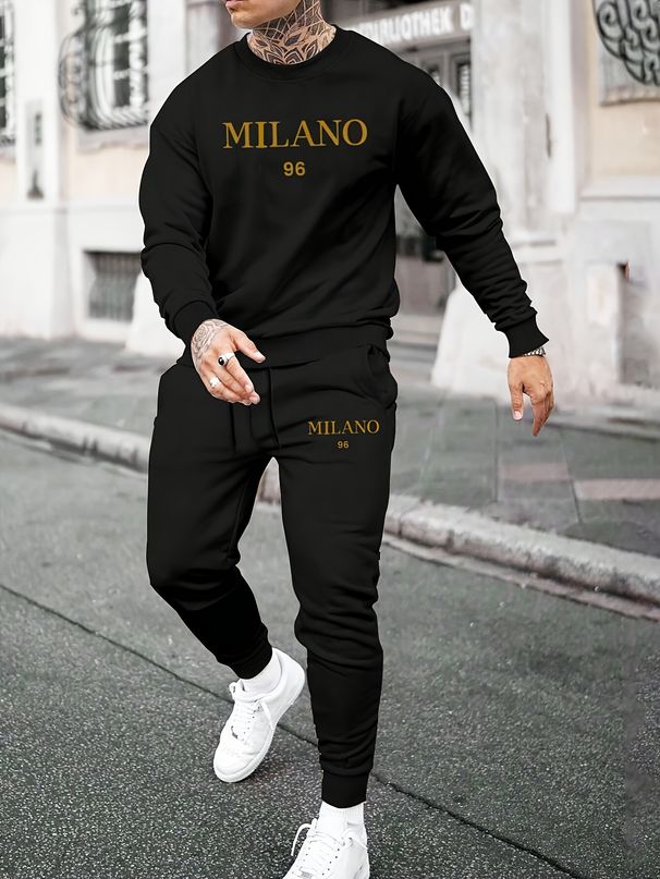 Men's Autumn And Winter Casual Warm MILANO 96 Letter Print Loose Thick Velvet Round Neck Sports Shirt+sports Pants Set_viptrois.com