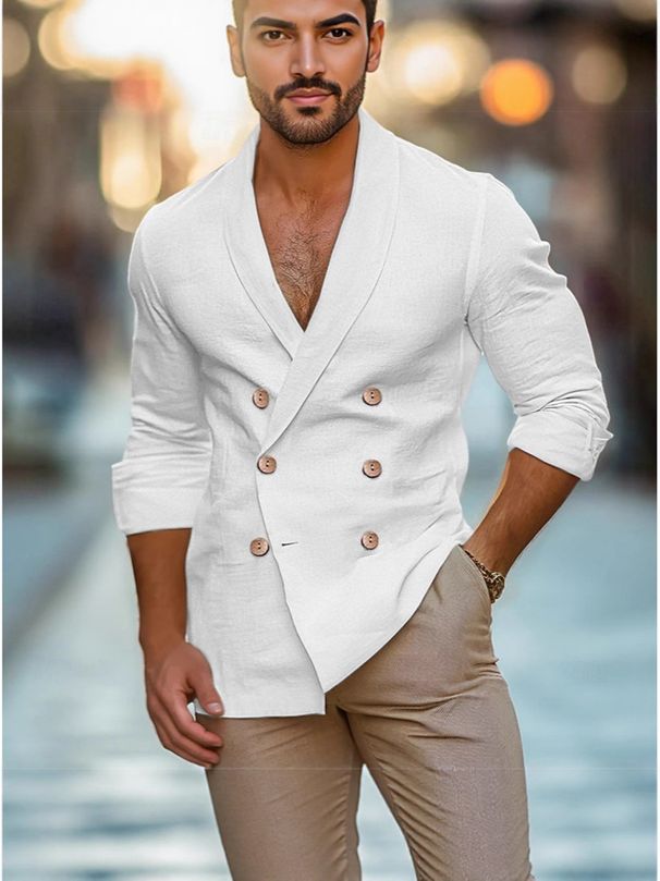 Spring And Autumn Men's Suit Double Breasted Casual Cotton And Linen Fashion Shirt Long Sleeved Cardigan Solid Color Jacket_viptrois.com