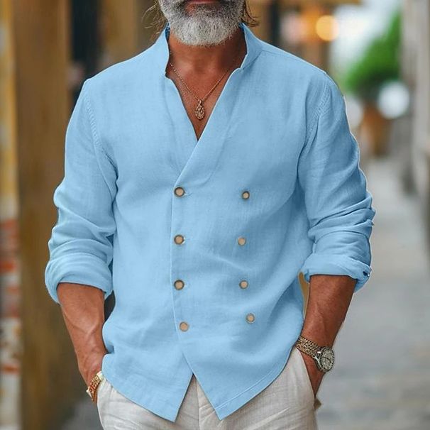 Men's Clothing Men's Spring And Autumn Double Breasted Stand Up Collar Solid Color Cotton And Linen Casual Solid Color Long Sleeved Youth Shirt_viptrois.com