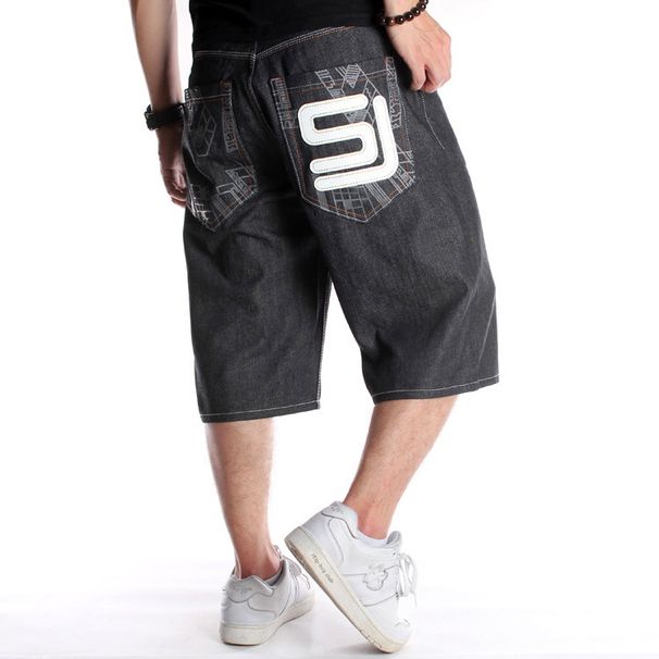 Man's clothing Hip hop denim shorts men's loose printed capri pants Trend plus fat plus size skateboard medium pants_viptrois.com