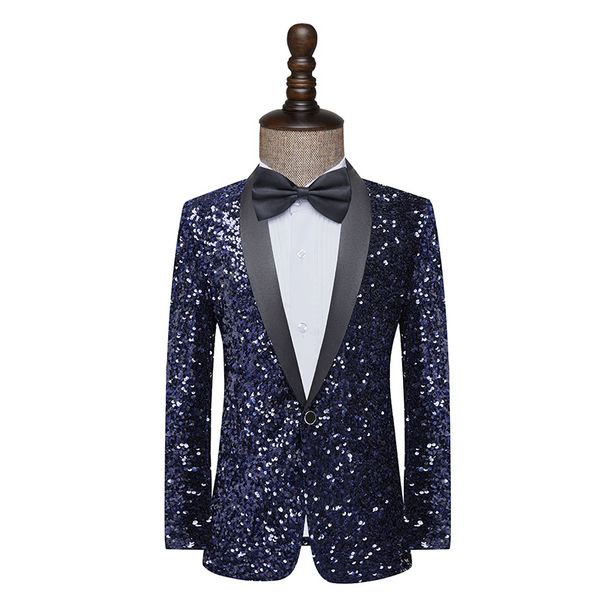 Men's Clothing Men's Dress Sequin Color Changing Flash Bar Dj Nightclub Stage Performance Suit Host Singer Navy Blue Jacket_viptrois.com