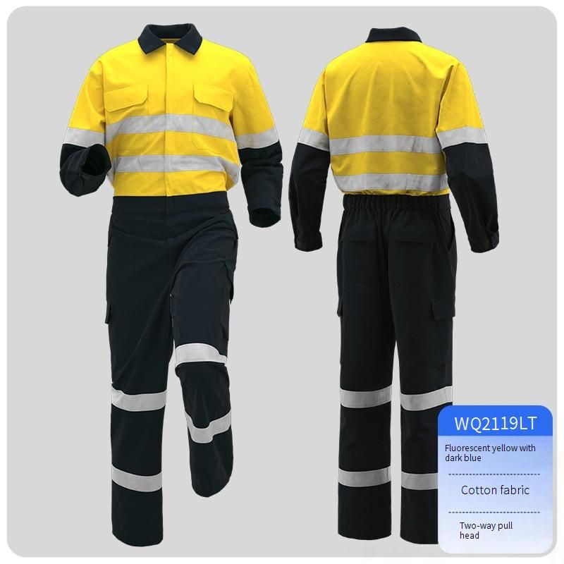Men's Clothing Pure Cotton Jumpsuit Reflective Suit Labor Protection Clothing Reflective Strip Crew Work Wear_viptrois.com